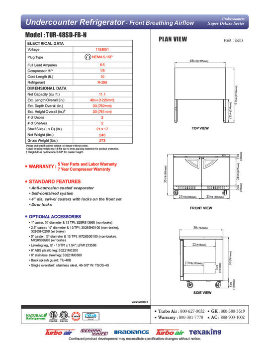 Turbo Air TUR-48SD-FB-N 48 1/4" W Undercounter Refrigerator w/ 2 Sections, Solid Doors, Front Breathing - Bakery Wholesalers