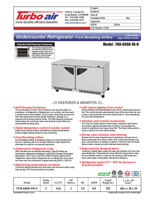 Turbo Air TUR-60SD-FB-N 60 1/4" W Undercounter Refrigerator w/ 2 Sections, Solid Doors & Front Breathing - Bakery Wholesalers