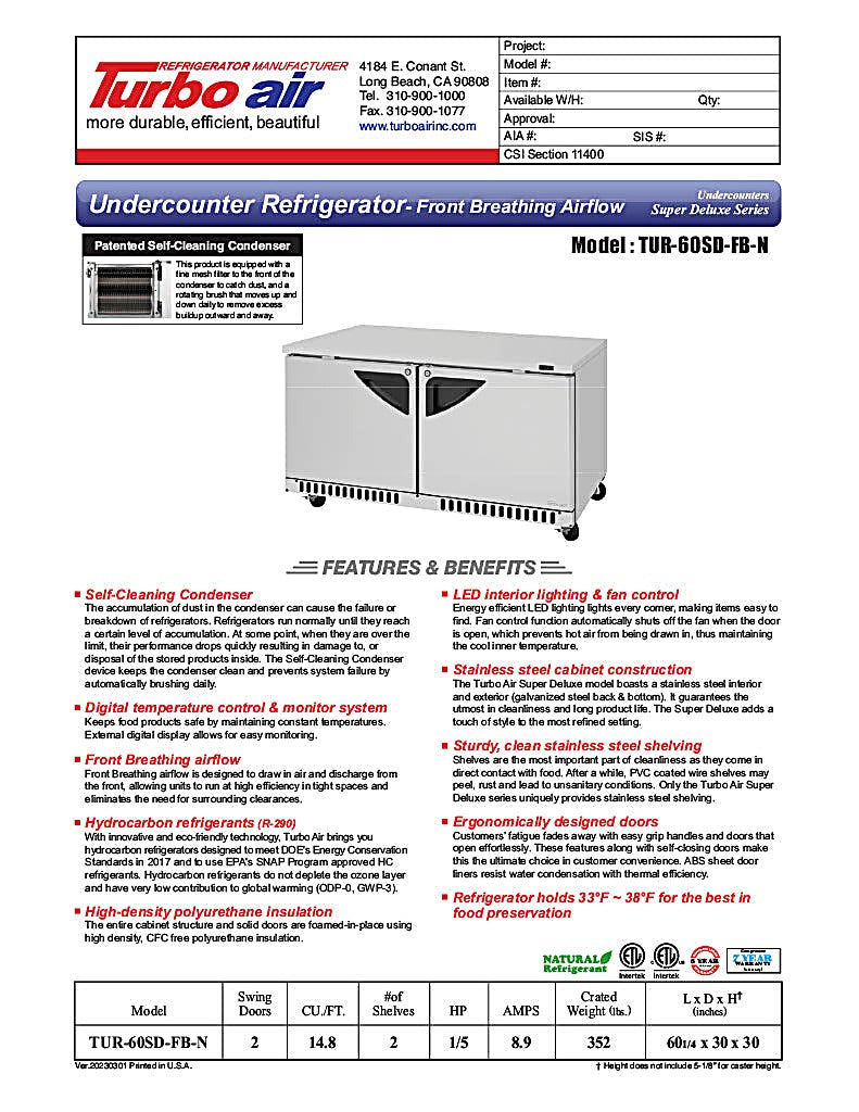 Turbo Air TUR-60SD-FB-N 60 1/4" W Undercounter Refrigerator w/ 2 Sections, Solid Doors & Front Breathing - Donut-Equipment.com
