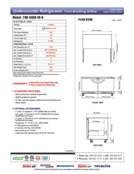 Turbo Air TUR-60SD-FB-N 60 1/4" W Undercounter Refrigerator w/ 2 Sections, Solid Doors & Front Breathing - Bakery Wholesalers