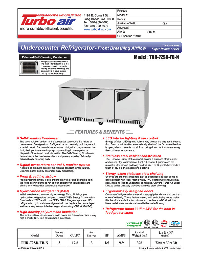 Turbo Air TUR-72SD-FB-N 72 1/4" W Undercounter Refrigerator w/ 3 Sections, Solid Doors & Front Breathing - Donut-Equipment.com