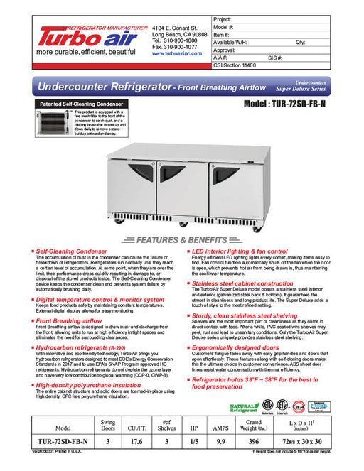 Turbo Air TUR-72SD-FB-N 72 1/4" W Undercounter Refrigerator w/ 3 Sections, Solid Doors & Front Breathing - Bakery Wholesalers