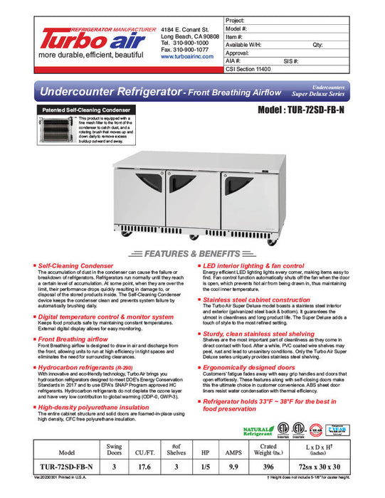 Turbo Air TUR-72SD-FB-N 72 1/4" W Undercounter Refrigerator w/ 3 Sections, Solid Doors & Front Breathing - Bakery Wholesalers