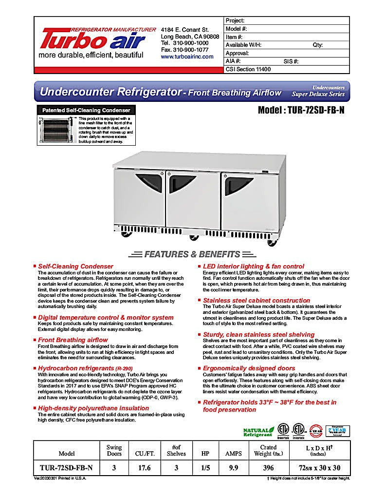 Turbo Air TUR-72SD-FB-N 72 1/4" W Undercounter Refrigerator w/ 3 Sections, Solid Doors & Front Breathing - Donut-Equipment.com