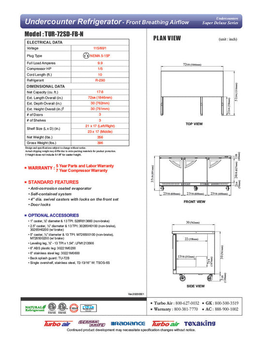 Turbo Air TUR-72SD-FB-N 72 1/4" W Undercounter Refrigerator w/ 3 Sections, Solid Doors & Front Breathing - Bakery Wholesalers