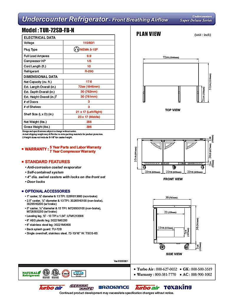 Turbo Air TUR-72SD-FB-N 72 1/4" W Undercounter Refrigerator w/ 3 Sections, Solid Doors & Front Breathing - Donut-Equipment.com