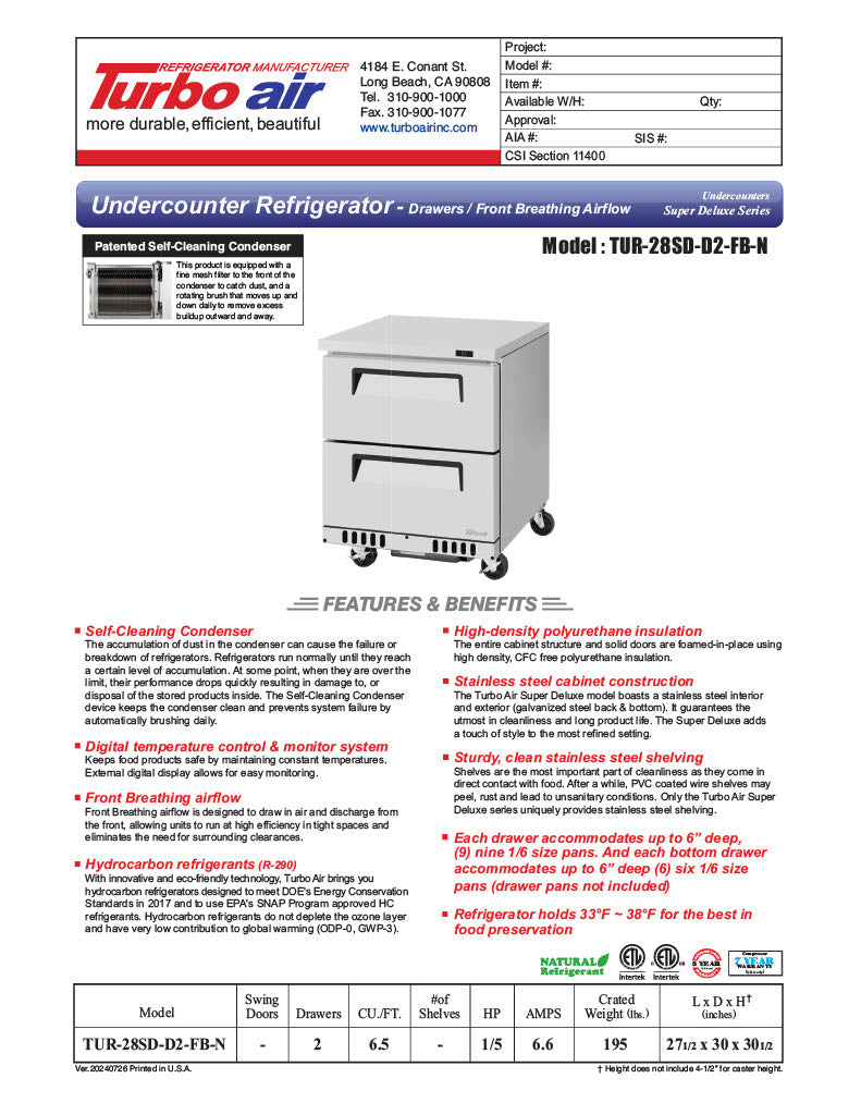 Turbo Air TUR-28SD-D2-FB-N 27 1/2" W Undercounter Refrigerator w/ 1 Section, 2 Drawers & Front Breathing - Donut-Equipment.com