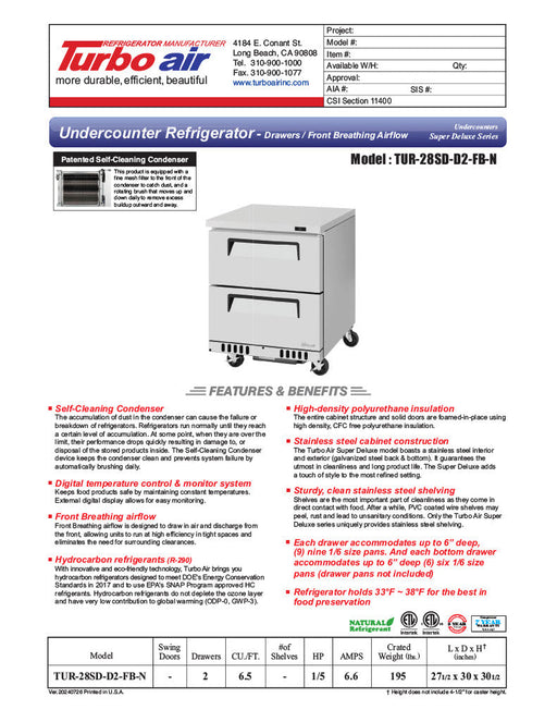 Turbo Air TUR-28SD-D2-FB-N 27 1/2" W Undercounter Refrigerator w/ 1 Section, 2 Drawers & Front Breathing - Bakery Wholesalers