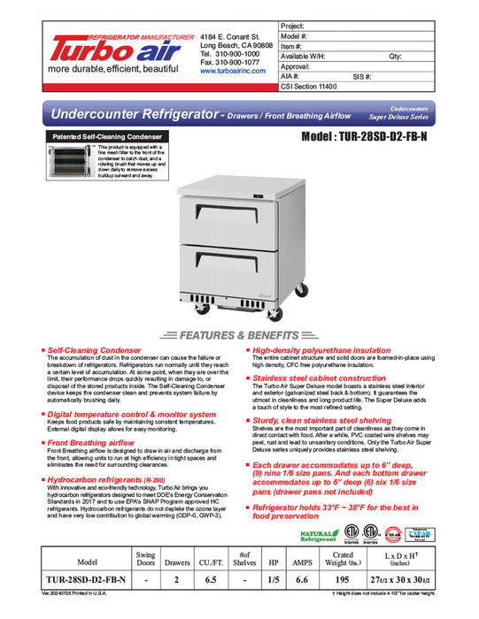 Turbo Air TUR-28SD-D2-FB-N 27 1/2" W Undercounter Refrigerator w/ 1 Section, 2 Drawers & Front Breathing - Bakery Wholesalers
