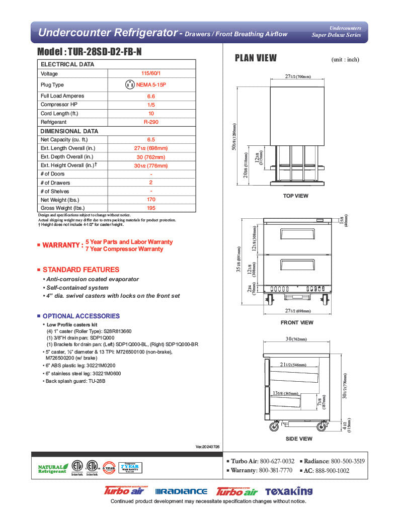 Turbo Air TUR-28SD-D2-FB-N 27 1/2" W Undercounter Refrigerator w/ 1 Section, 2 Drawers & Front Breathing - Donut-Equipment.com