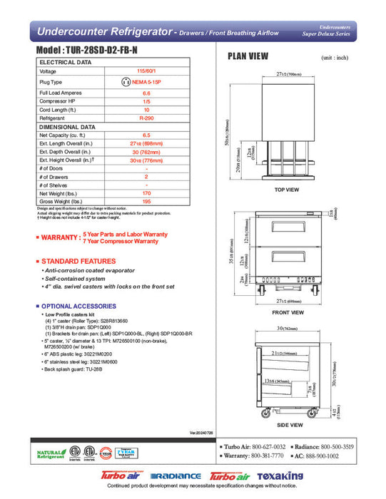 Turbo Air TUR-28SD-D2-FB-N 27 1/2" W Undercounter Refrigerator w/ 1 Section, 2 Drawers & Front Breathing - Bakery Wholesalers
