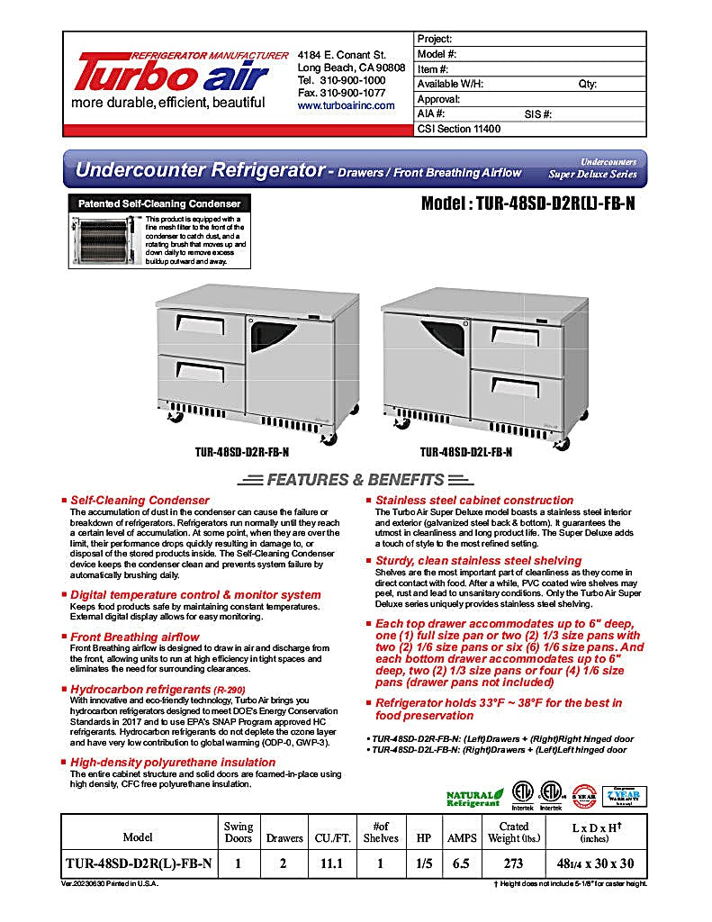 Turbo Air TUR-48SD-D2R(L)-FB-N 48 1/4" W Undercounter Refrigerator w/ 2 Drawers, 1 Door & Front Breathing - Donut-Equipment.com
