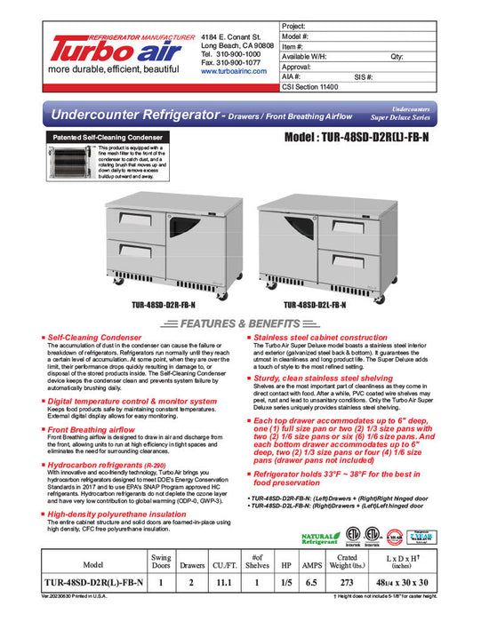 Turbo Air TUR-48SD-D2R(L)-FB-N 48 1/4" W Undercounter Refrigerator w/ 2 Drawers, 1 Door & Front Breathing - Bakery Wholesalers