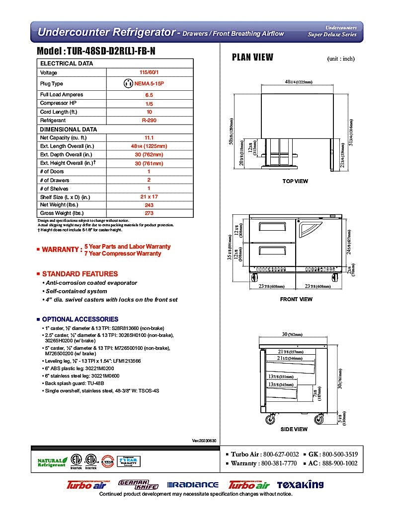 Turbo Air TUR-48SD-D2R(L)-FB-N 48 1/4" W Undercounter Refrigerator w/ 2 Drawers, 1 Door & Front Breathing - Donut-Equipment.com
