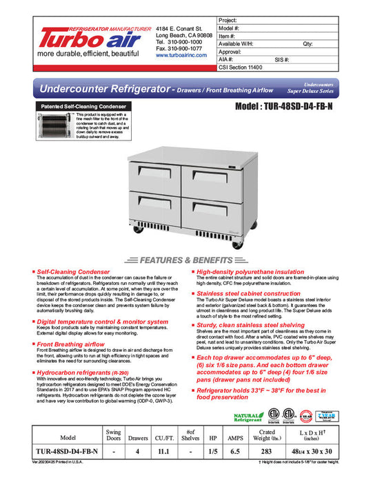 Turbo Air TUR-48SD-D4-FB-N 48 1/4" W Undercounter Refrigerator w/ 2 Sections, 4 Drawers & Front Breathing - Bakery Wholesalers