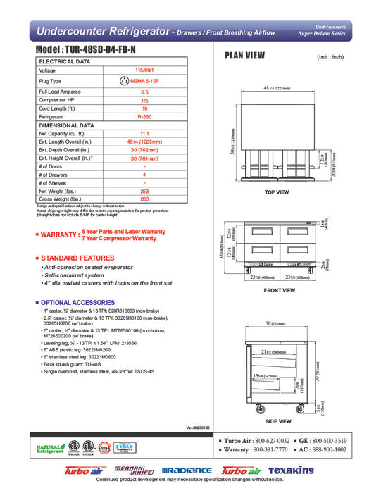 Turbo Air TUR-48SD-D4-FB-N 48 1/4" W Undercounter Refrigerator w/ 2 Sections, 4 Drawers & Front Breathing - Bakery Wholesalers