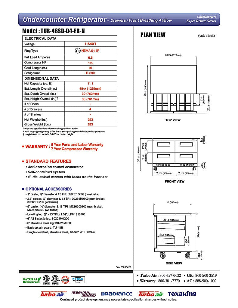 Turbo Air TUR-48SD-D4-FB-N 48 1/4" W Undercounter Refrigerator w/ 2 Sections, 4 Drawers & Front Breathing - Donut-Equipment.com