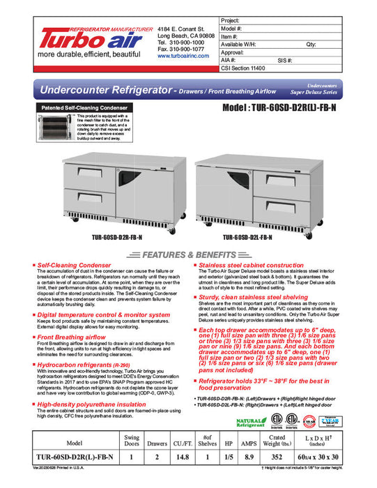 Turbo Air TUR-60SD-D2R(L)-FB-N 60 1/4" W Undercounter Refrigerator w/ 2 Drawers, 1 Door & Front Breathing - Bakery Wholesalers