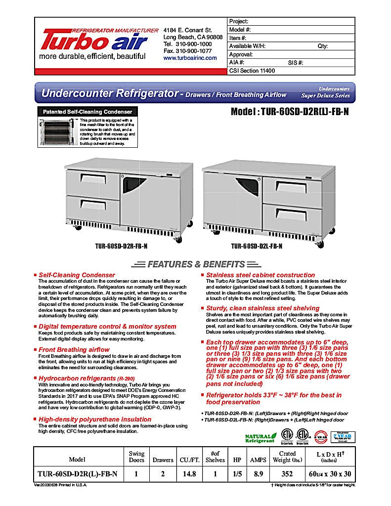 Turbo Air TUR-60SD-D2R(L)-FB-N 60 1/4" W Undercounter Refrigerator w/ 2 Drawers, 1 Door & Front Breathing - Donut-Equipment.com