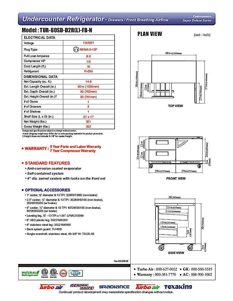Turbo Air TUR-60SD-D2R(L)-FB-N 60 1/4" W Undercounter Refrigerator w/ 2 Drawers, 1 Door & Front Breathing - Donut-Equipment.com