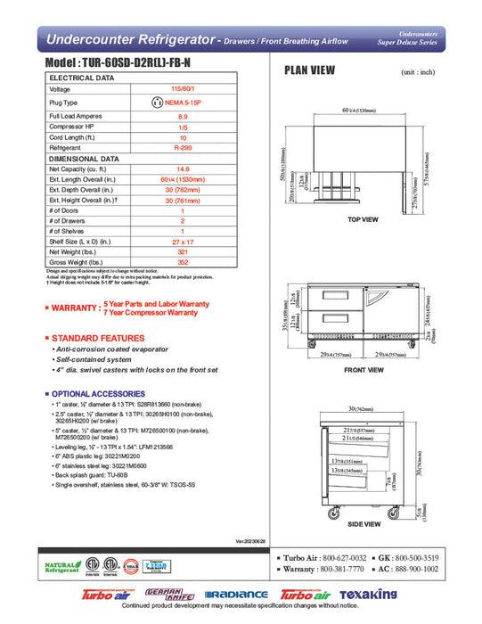 Turbo Air TUR-60SD-D2R(L)-FB-N 60 1/4" W Undercounter Refrigerator w/ 2 Drawers, 1 Door & Front Breathing - Bakery Wholesalers