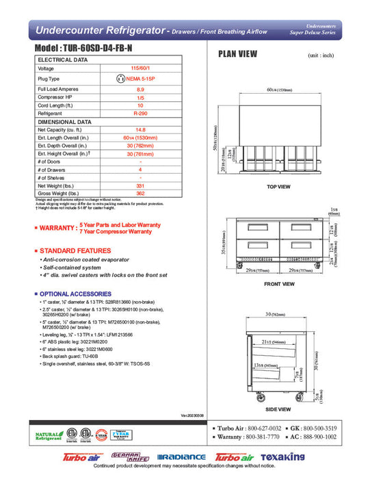 Turbo Air TUR-60SD-D4-FB-N 60 1/4" W Undercounter Refrigerator w/ 2 Sections, 4 Drawers & Front Breathing - Bakery Wholesalers
