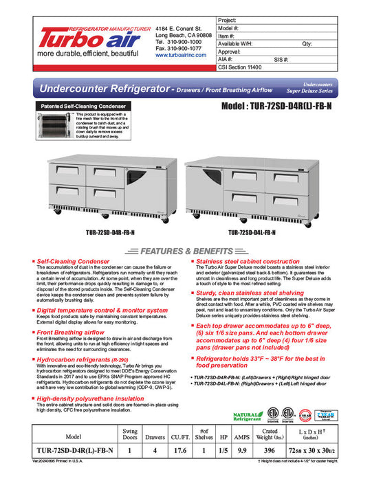 Turbo Air TUR-72SD-D4R(L)-FB-N 72 1/4" W Undercounter Refrigerator w/ 4 Drawers, 1 Door & Front Breathing - Bakery Wholesalers
