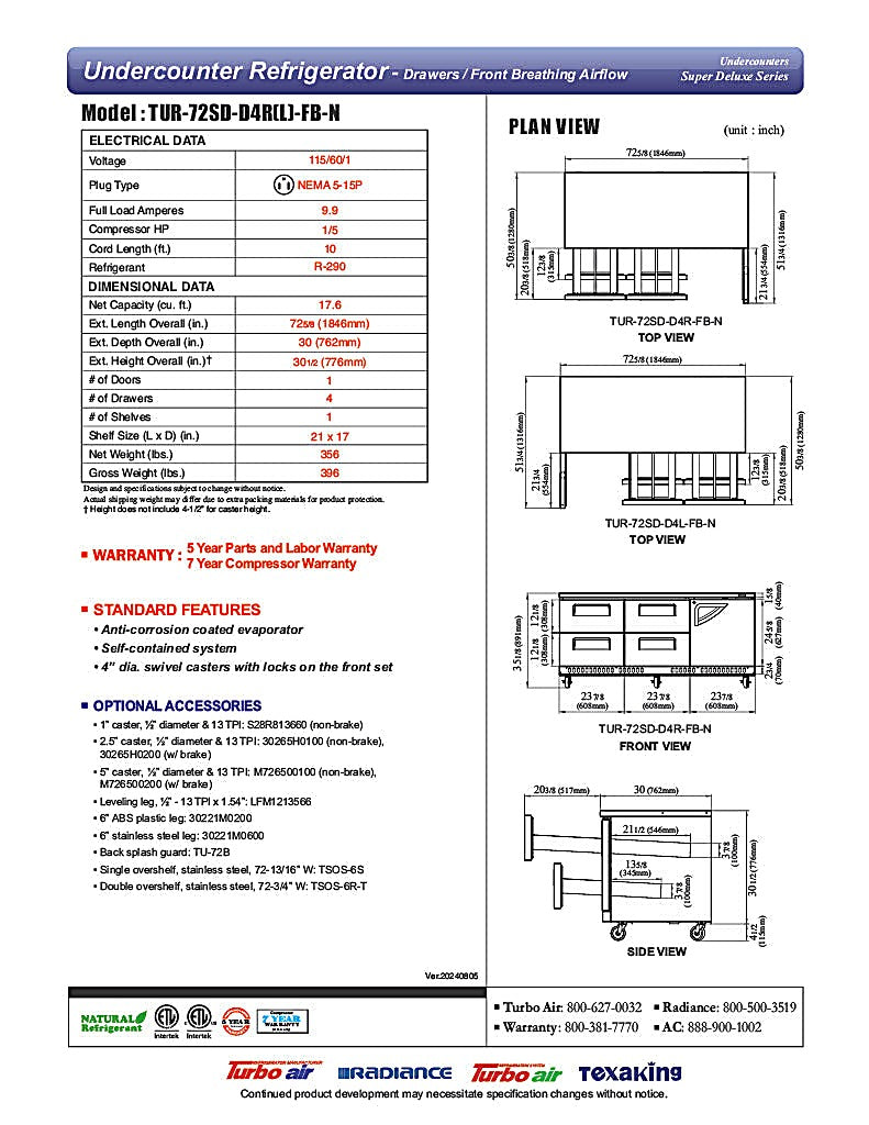 Turbo Air TUR-72SD-D4R(L)-FB-N 72 1/4" W Undercounter Refrigerator w/ 4 Drawers, 1 Door & Front Breathing - Donut-Equipment.com