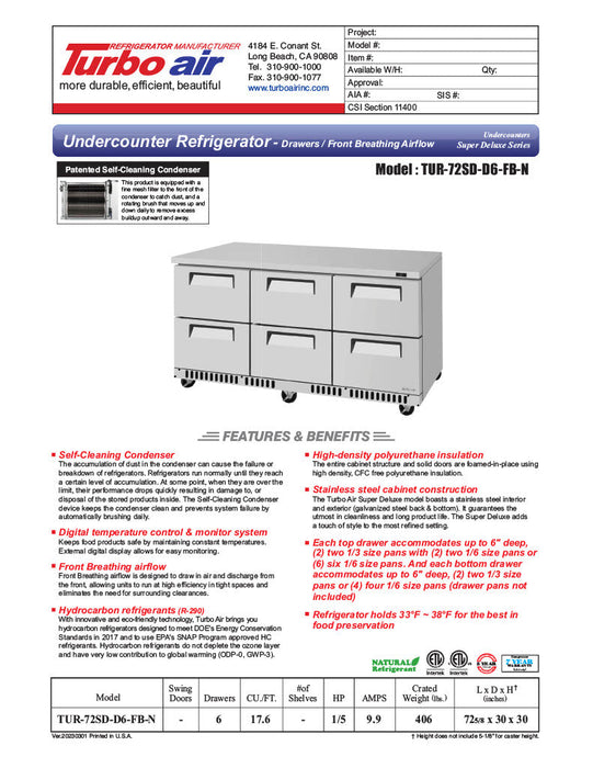 Turbo Air TUR-72SD-D6-FB-N 72 1/4" W Undercounter Refrigerator w/ 3 Sections, 6 Drawers & Front Breathing - Bakery Wholesalers