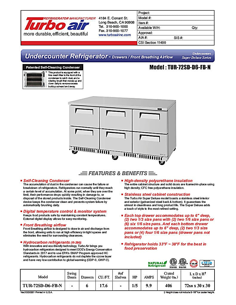 Turbo Air TUR-72SD-D6-FB-N 72 1/4" W Undercounter Refrigerator w/ 3 Sections, 6 Drawers & Front Breathing - Donut-Equipment.com
