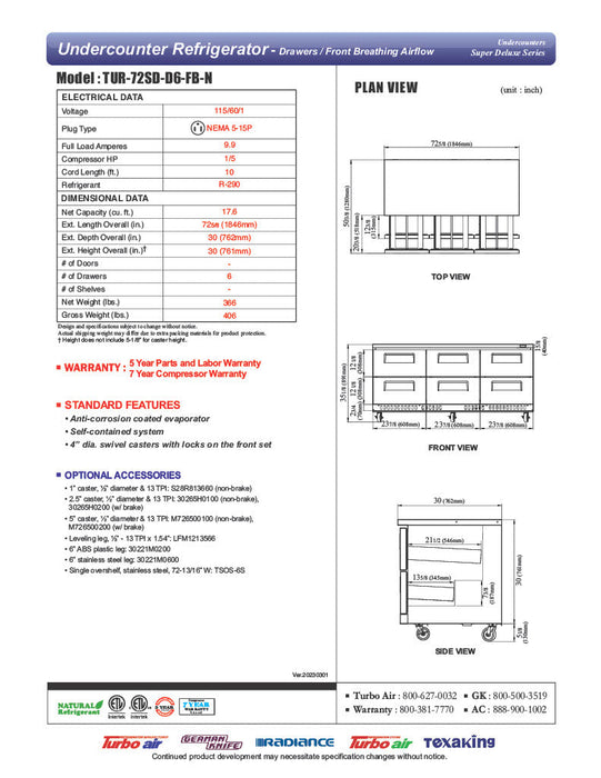 Turbo Air TUR-72SD-D6-FB-N 72 1/4" W Undercounter Refrigerator w/ 3 Sections, 6 Drawers & Front Breathing - Bakery Wholesalers