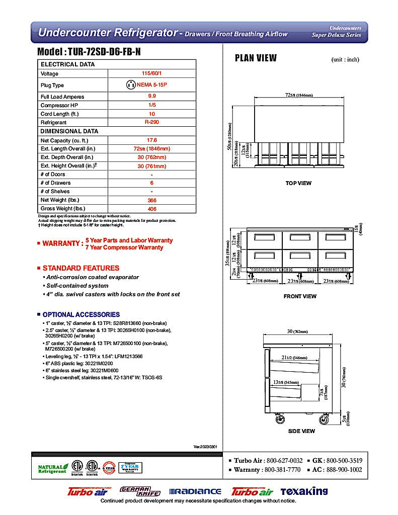 Turbo Air TUR-72SD-D6-FB-N 72 1/4" W Undercounter Refrigerator w/ 3 Sections, 6 Drawers & Front Breathing - Donut-Equipment.com