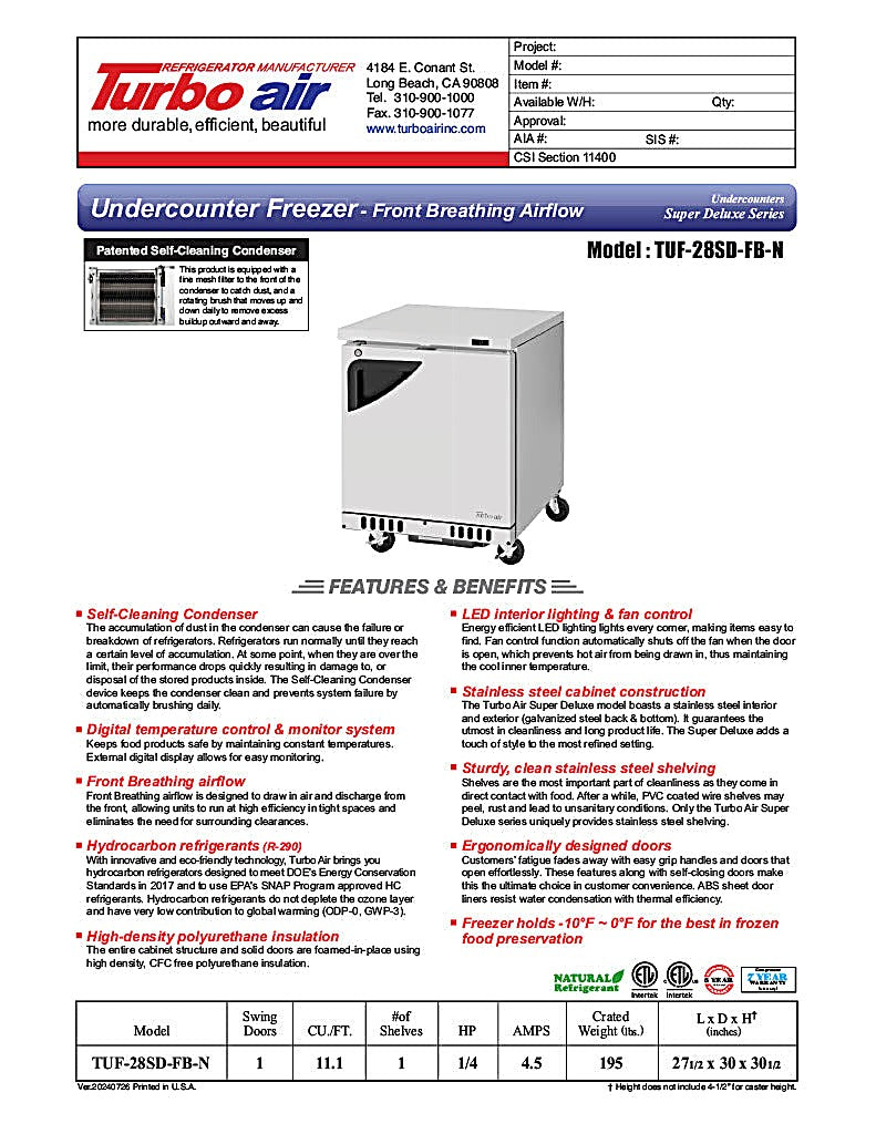 Turbo Air TUF-28SD-FB-N 27 1/2" W Undercounter Freezer w/ 1 Section, Solid Door & Front Breathing - Donut-Equipment.com
