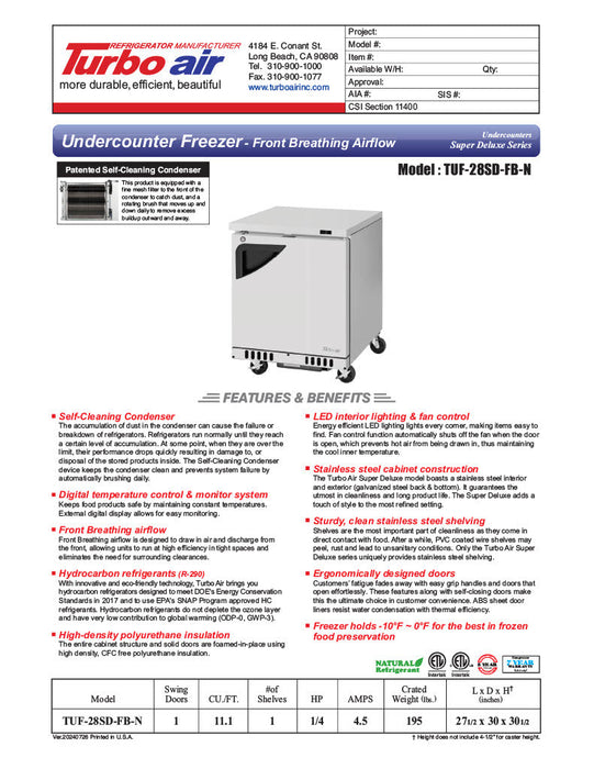 Turbo Air TUF-28SD-FB-N 27 1/2" W Undercounter Freezer w/ 1 Section, Solid Door & Front Breathing - Bakery Wholesalers