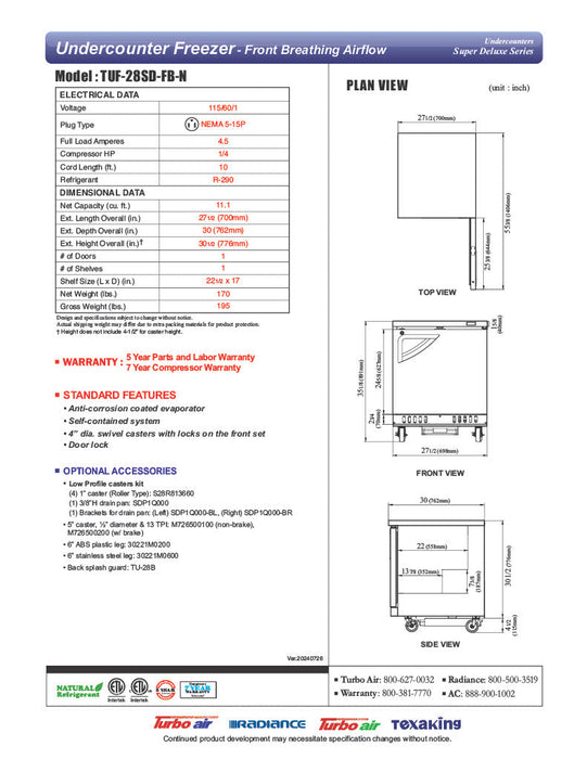 Turbo Air TUF-28SD-FB-N 27 1/2" W Undercounter Freezer w/ 1 Section, Solid Door & Front Breathing - Bakery Wholesalers