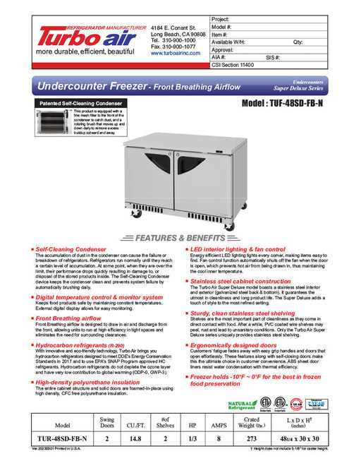 Turbo Air TUF-48SD-FB-N 48 1/4" W Undercounter Freezer w/ 2 Sections, Solid Doors & Front Breathing - Bakery Wholesalers