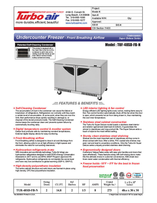 Turbo Air TUF-48SD-FB-N 48 1/4" W Undercounter Freezer w/ 2 Sections, Solid Doors & Front Breathing - Bakery Wholesalers