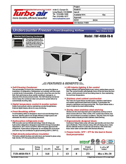 Turbo Air TUF-48SD-FB-N 48 1/4" W Undercounter Freezer w/ 2 Sections, Solid Doors & Front Breathing - Donut-Equipment.com