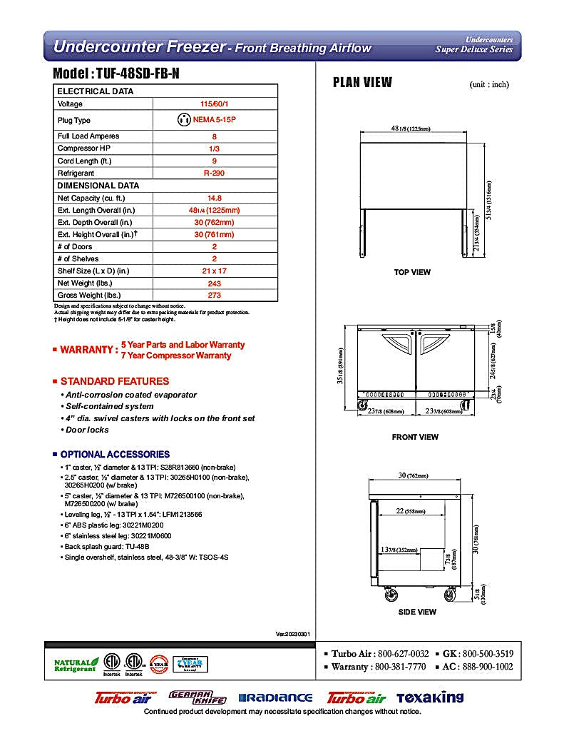 Turbo Air TUF-48SD-FB-N 48 1/4" W Undercounter Freezer w/ 2 Sections, Solid Doors & Front Breathing - Donut-Equipment.com