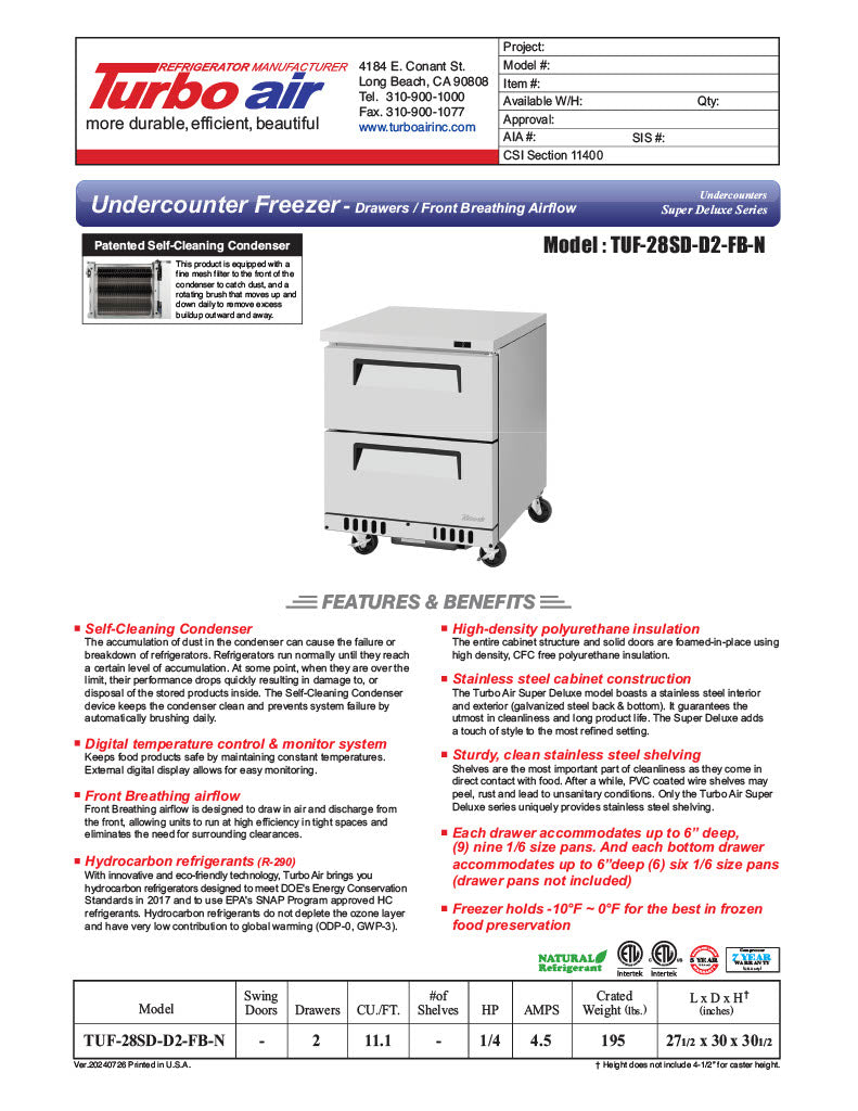 Turbo Air TUF-28SD-D2-FB-N 27 1/2" W Undercounter Freezer w/ 1 Section, 2 Drawers & Front Breathing - Donut-Equipment.com