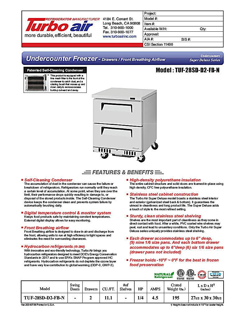 Turbo Air TUF-28SD-D2-FB-N 27 1/2" W Undercounter Freezer w/ 1 Section, 2 Drawers & Front Breathing - Donut-Equipment.com