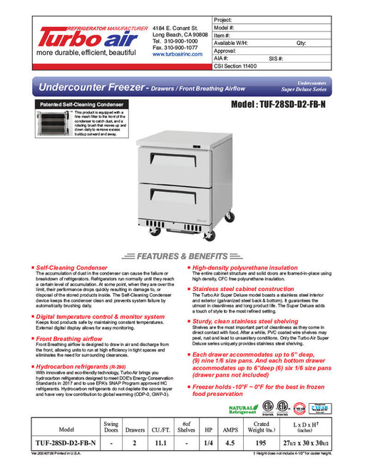 Turbo Air TUF-28SD-D2-FB-N 27 1/2" W Undercounter Freezer w/ 1 Section, 2 Drawers & Front Breathing - Bakery Wholesalers