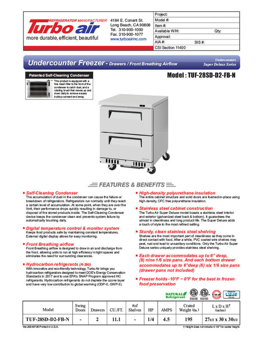 Turbo Air TUF-28SD-D2-FB-N 27 1/2" W Undercounter Freezer w/ 1 Section, 2 Drawers & Front Breathing - Bakery Wholesalers