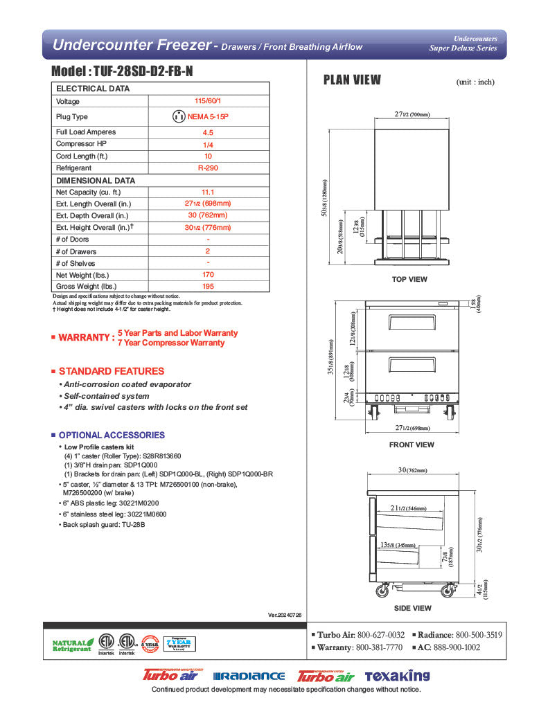 Turbo Air TUF-28SD-D2-FB-N 27 1/2" W Undercounter Freezer w/ 1 Section, 2 Drawers & Front Breathing - Donut-Equipment.com