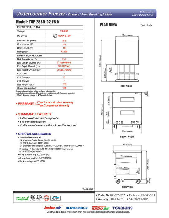 Turbo Air TUF-28SD-D2-FB-N 27 1/2" W Undercounter Freezer w/ 1 Section, 2 Drawers & Front Breathing - Bakery Wholesalers