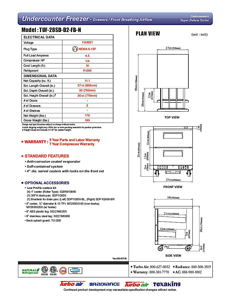 Turbo Air TUF-28SD-D2-FB-N 27 1/2" W Undercounter Freezer w/ 1 Section, 2 Drawers & Front Breathing - Donut-Equipment.com