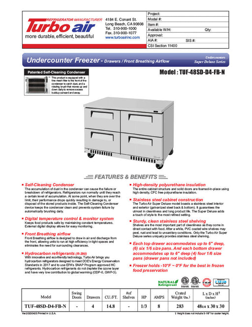 Turbo Air TUF-48SD-D4-FB-N 48 1/4" W Undercounter Freezer w/ 2 Sections, 4 Drawers & Front Breathing - Bakery Wholesalers