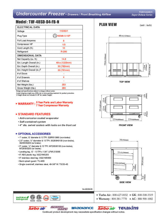 Turbo Air TUF-48SD-D4-FB-N 48 1/4" W Undercounter Freezer w/ 2 Sections, 4 Drawers & Front Breathing - Bakery Wholesalers