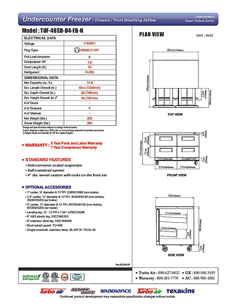 Turbo Air TUF-48SD-D4-FB-N 48 1/4" W Undercounter Freezer w/ 2 Sections, 4 Drawers & Front Breathing - Donut-Equipment.com