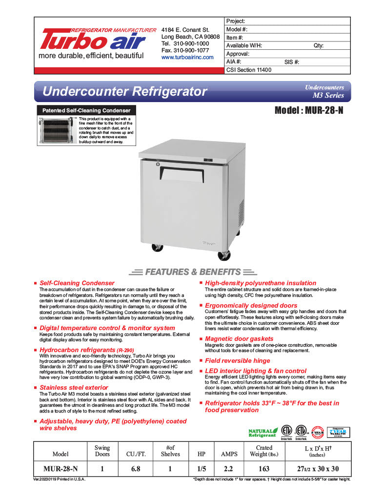 Turbo Air MUR-28-N 27 1/2" W Undercounter Refrigerator w/ 1 Section & Solid Door - Donut-Equipment.com